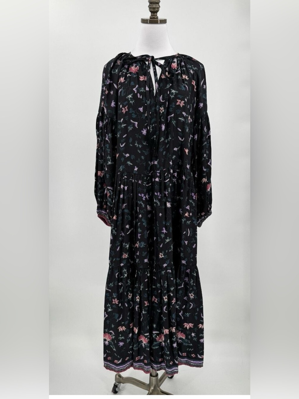 Natalie Martin Black Floral Tie-Neck Midi Dress